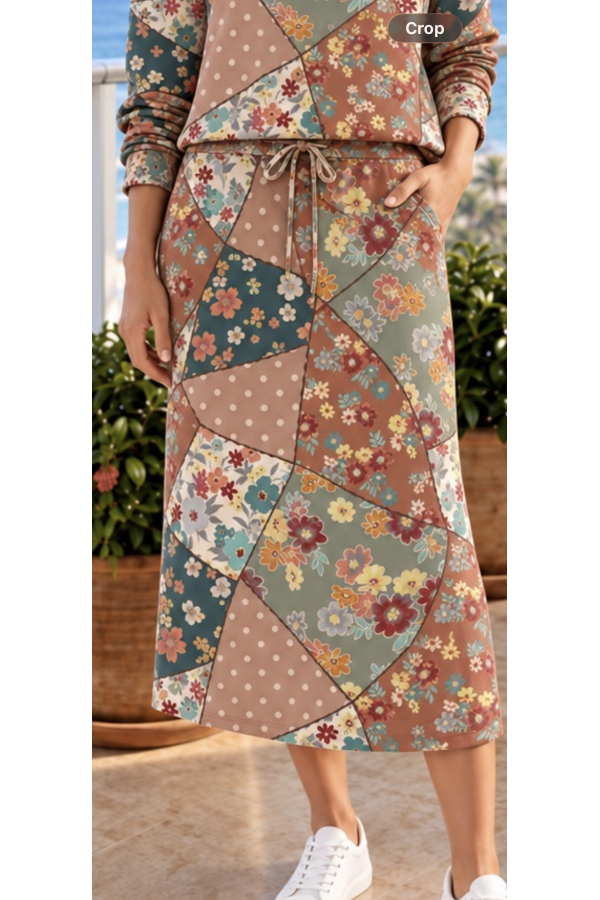 CS33960G / Celeste Design<br/>Comfort Multi patch French Terry Midi Skirt is a wardrobe essential for every season.