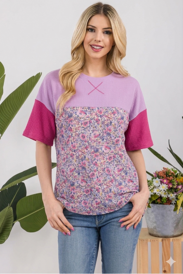 CT13249 / Celeste Design<br/>Women’s Floral & StripeColor Block Top – Short Sleeve | Made in USA