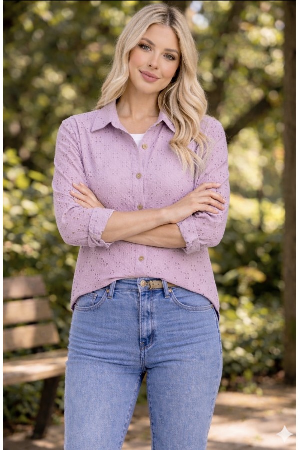 CT13259-PL / Celeste Design<br/>Plus Women’s Eyelet Button Down Top – Long Sleeve with Collar | Made in USA
