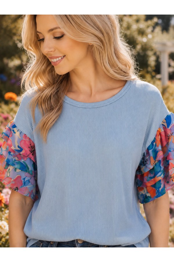 CT23612H-PL / Celeste Design<br/>Women's Ribbed Knit Crew Neck Top with Floral Print Ruffle Sleeves