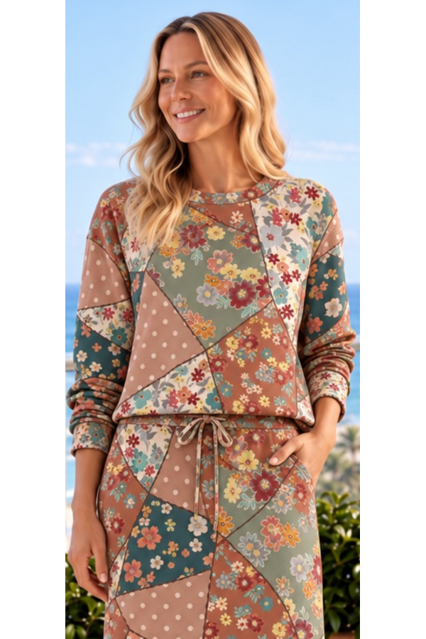CT33961G-PL / Celeste Design<br/>Comfort Multi patch French Terry long sleeve is a wardrobe essential for every season.