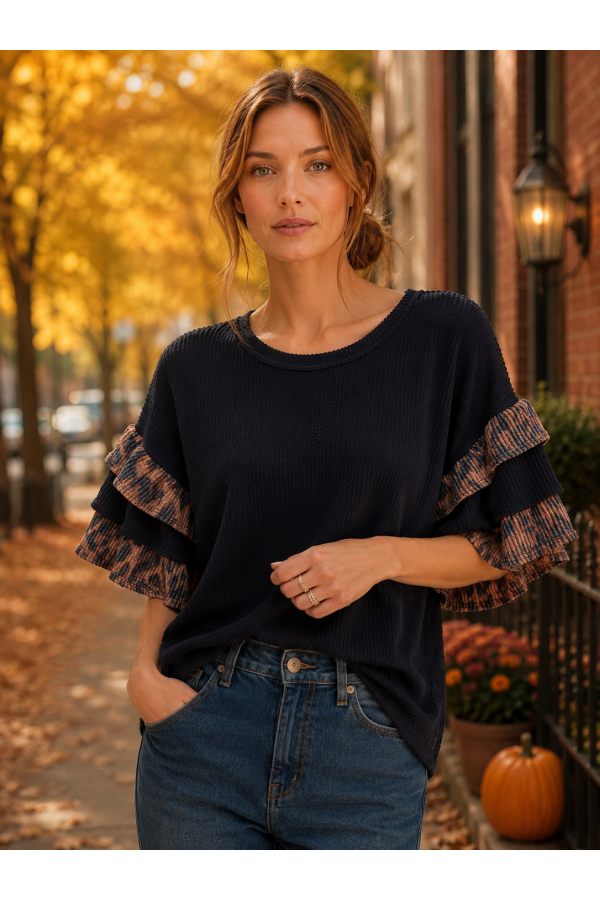 CT43612G-PL / Celeste Design<br/>CASUAL TOP CONTRAST LAYERED SLEEVE