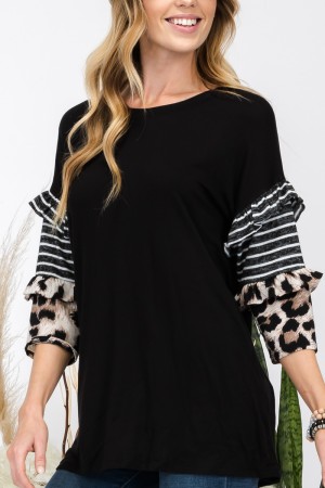 CT43689-PL / Celeste Design<br/>Leopard Strip Color Block Ruffle Top