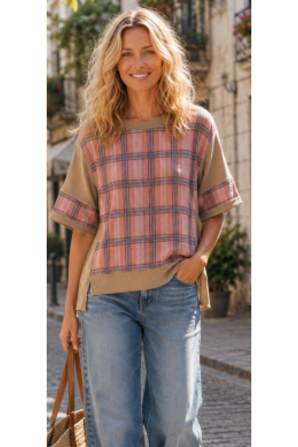 CT43969E-PL / Celeste Design<br/>Plaid Contrast Trim Rib Knit Oversized Short Sleeve Top