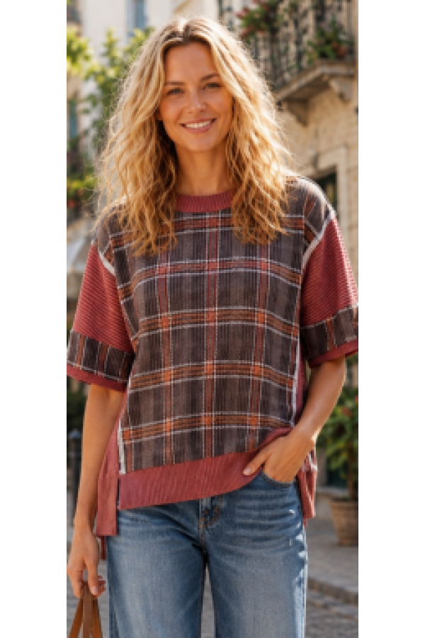 CT43969E / Celeste Design<br/>Plaid Contrast Trim Rib Knit Oversized Short Sleeve Top