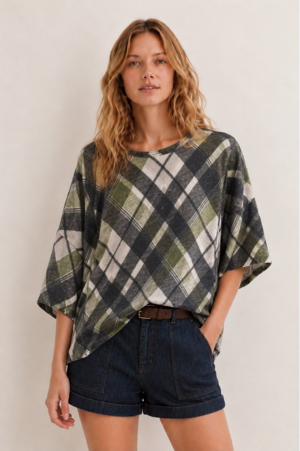 CT43980A-PL / Celeste Design<br/>plaid top designed for everyday comfort.