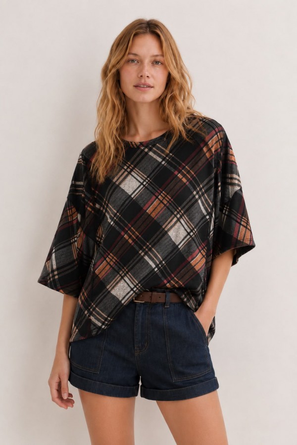 CT43980A / Celeste Design<br/>Women Vintage Wash Plaid Oversized Knit Top