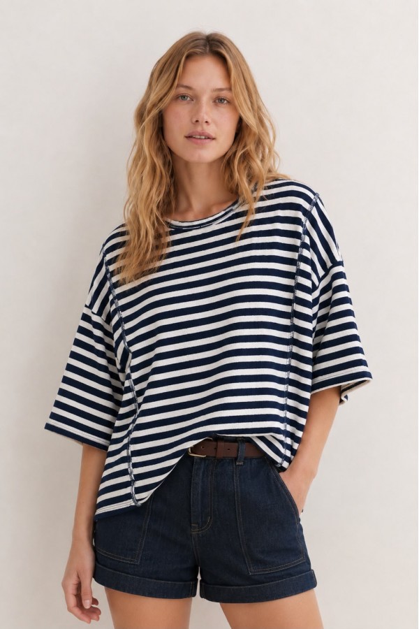 CT43980B-PL / Celeste Design<br/>Plus Size Oversized Relaxed Fit Stripe Short Sleeve Top