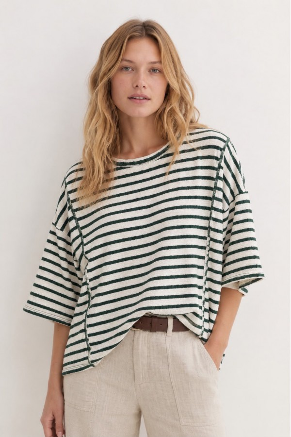 CT43980B / Celeste Design<br/>Women Oversized Relaxed Fit Stripe Short Sleeve Top