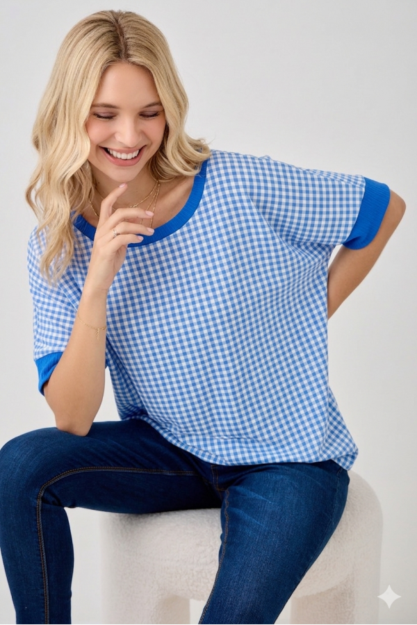 CT91201C / Celeste Design<br/>Women’s Gingham Relaxed Fit Top – Short Sleeve | Made in USA