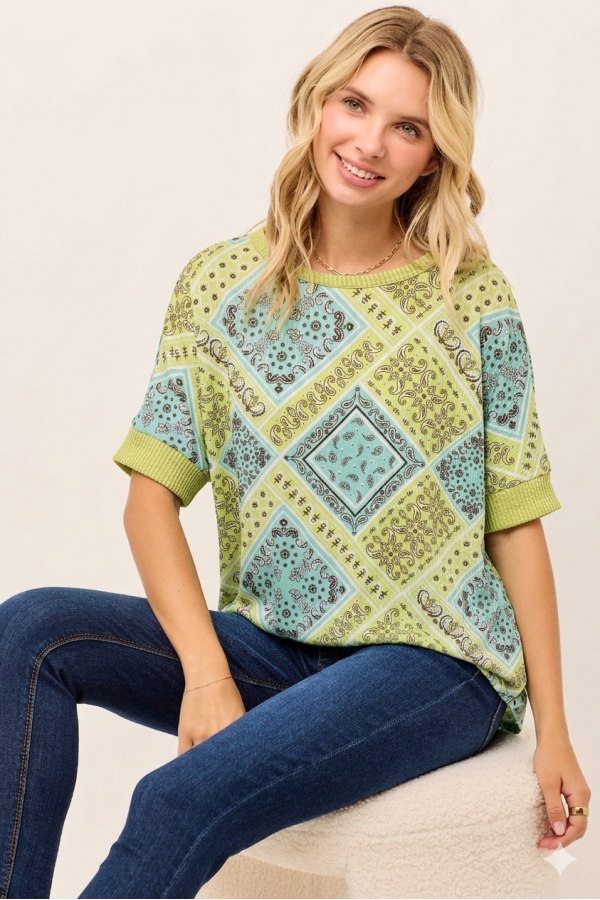 CT91201D-PL / Celeste Design<br/>Women’s Paisley Patchwork Top – Short Sleeve | Made in USA