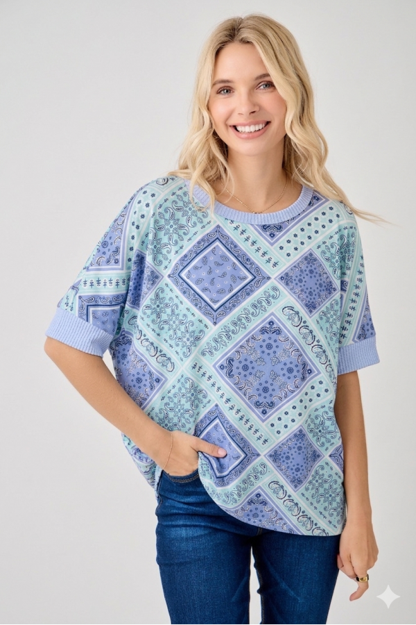 CT91201D / Celeste Design<br/>Women’s Paisley Patchwork Top – Short Sleeve | Made in USA