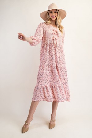 MD13210A-PL / Celeste Design<br/>PLUS TIERED MIDI DRESS WITH BOW DETAIL AND POCKETS