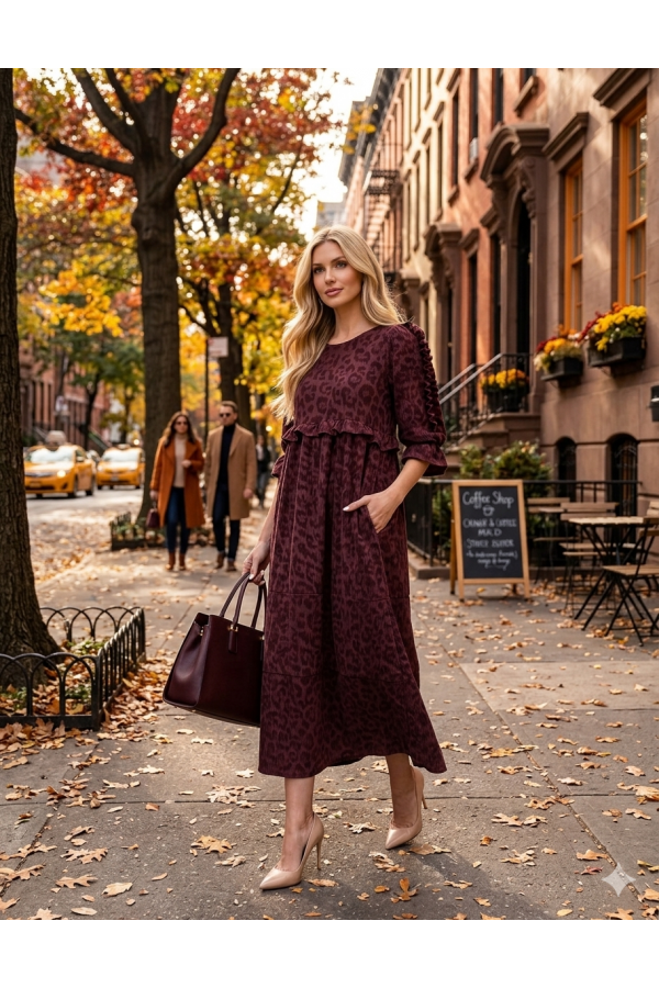 MD13272 / Celeste Design<br/>Women's Leopard Print Ruffle Tiered Midi Pocket Dress