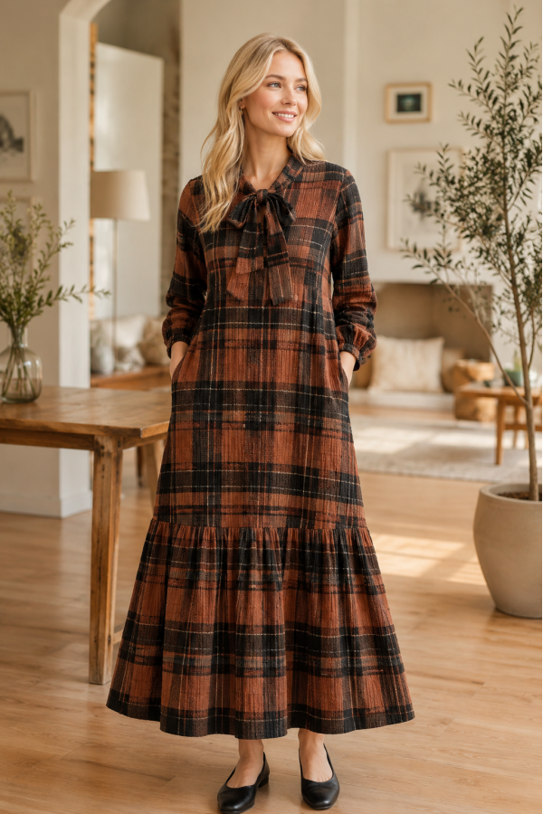 MD13276-PL / Celeste Design<br/>Modes Midi Checkred Tie Neck Dress