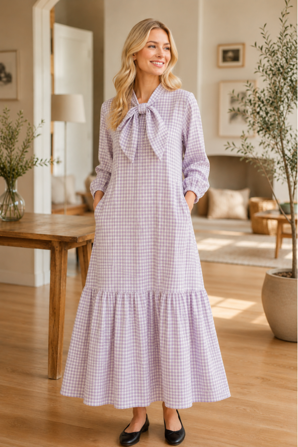 MD13276 / Celeste Design<br/>MODEST DRESS CHECKER TIE-NECK CHECKERED