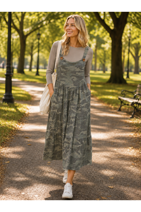 MD33977D-PL / Celeste Design<br/>Overall Camoflauge dress. casual comfort dress with pocket.