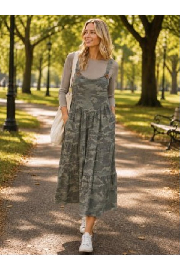 MD33977D / Celeste Design<br/>Embrace timeless fall style with this plaid tiered midi jumper dress.