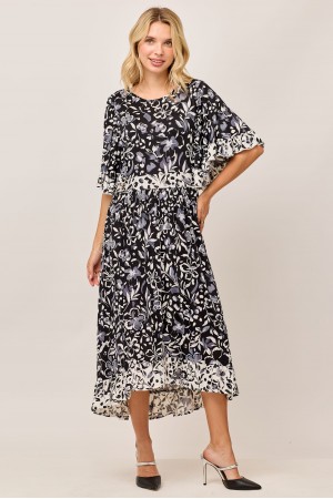 MD43951-PL / Celeste Design<br/>PLUS MODEST FLORAL &POLKA DOT DRESS WITH RUFFLE HEM & BELL SLEEVES