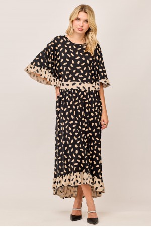 MD43951 / Celeste Design<br/>MODEST FLORAL &POLKA DOT DRESS WITH RUFFLE HEM & BELL SLEEVES