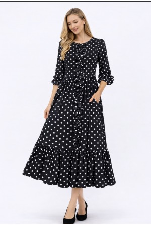 MD43963D-PL / Celeste Design<br/>Modest Polka Dot Ruffle Midi Dress