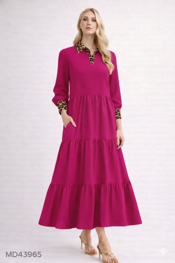 MD43965A-PL / Celeste Design<br/>Plus Women’s Modest Tiered Maxi Dress with Leopard Collar & Cuff Detail