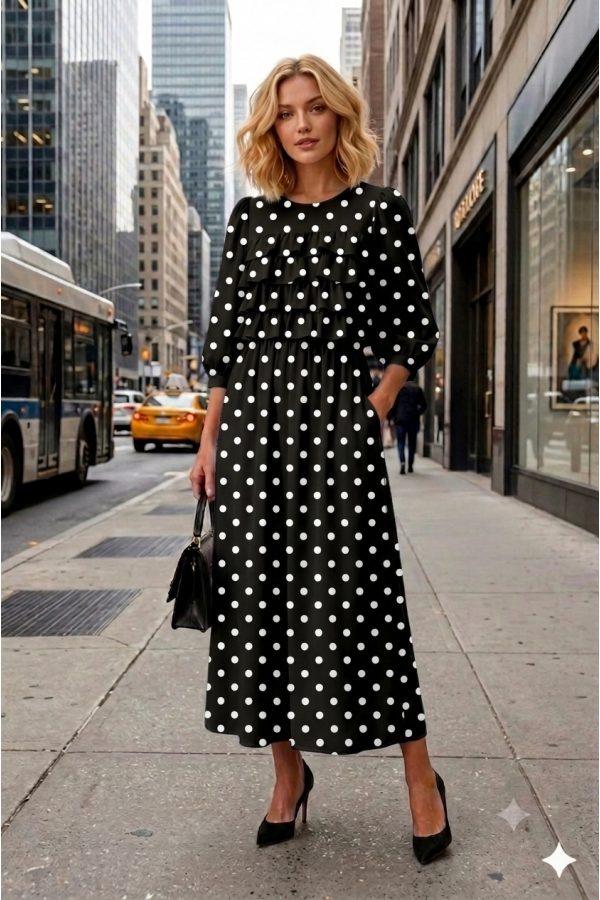 MD43967-PL / Celeste Design<br/>Women Plus Size Polka Dot Ruffle Tiered Midi Dress