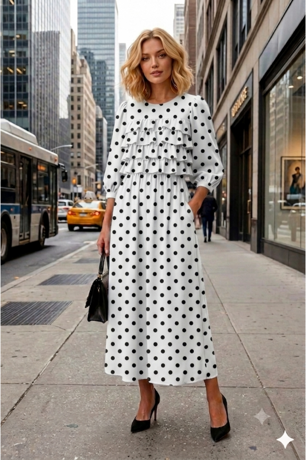 MD43967 / Celeste Design<br/>Women Polka Dot Ruffle Tiered Midi Dress