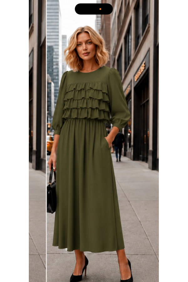 MD43967A-PL / Celeste Design<br/>modest 3/4 ballon sleeves 4 tier gathered ruffle dress