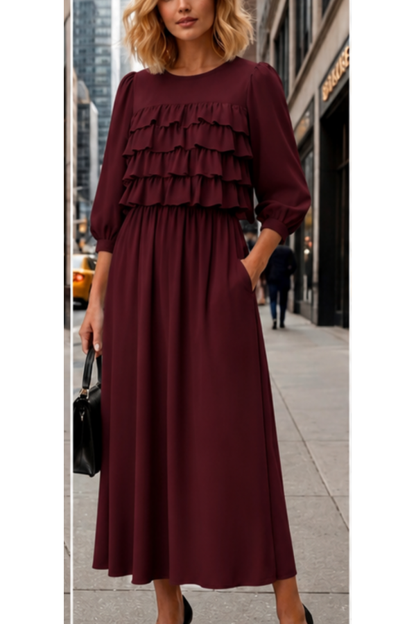MD43967A / Celeste Design<br/>modest 3/4 ballon sleeves 4 tier gathered ruffle dress
